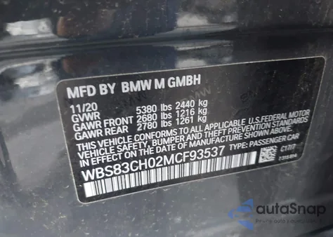 2021 BMW M5 from USA, damaged, VIN WBS83CH02MCF93537